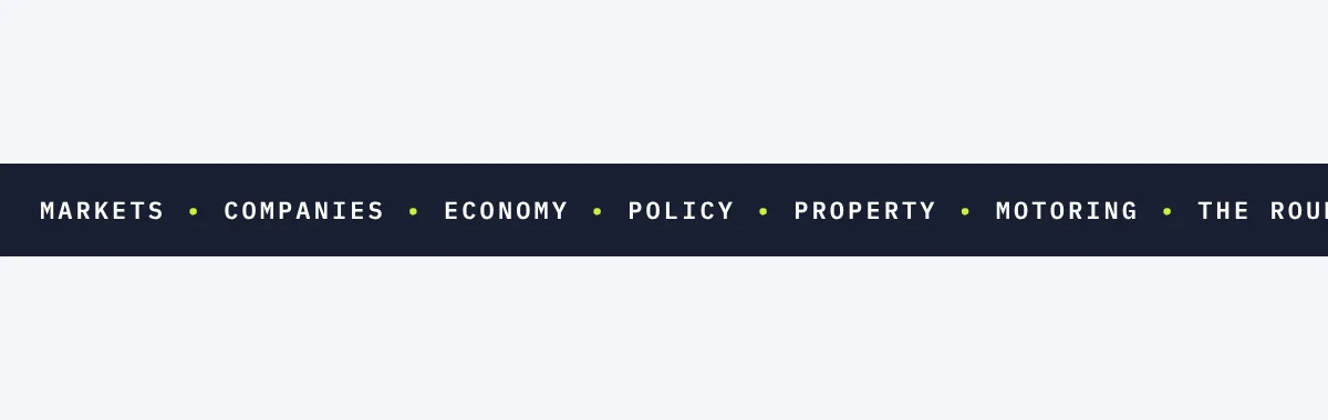 The Ticker: our beats in mono capitals on a navy band, with lime separators
